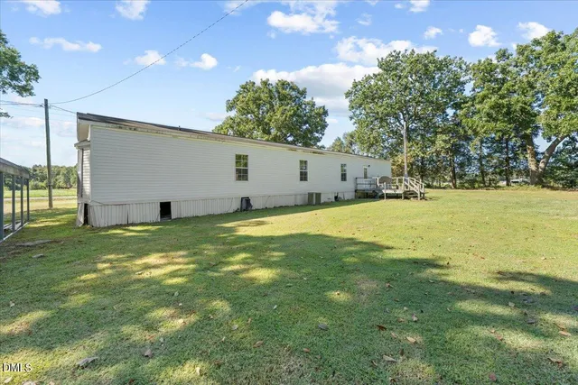 a view of a backyard with plants and large trees