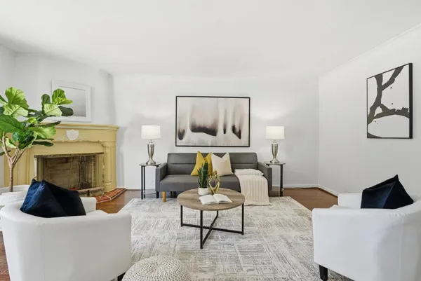 a living room with furniture and a potted plant