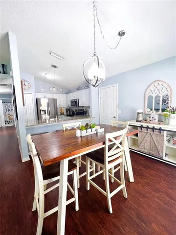 a view of a dining room with furniture and wooden floor