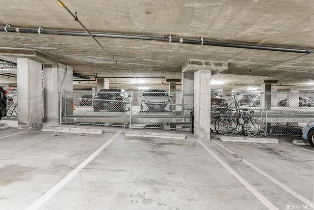 a view of a garage with storage