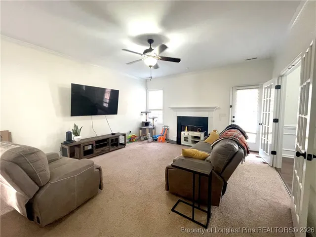 a living room with furniture a fireplace and a flat screen tv