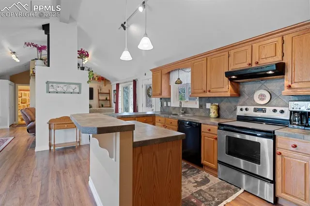 a kitchen with stainless steel appliances granite countertop a stove a sink dishwasher and cabinets with wooden floor