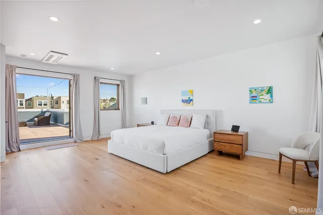 a spacious bedroom with a bed and a table