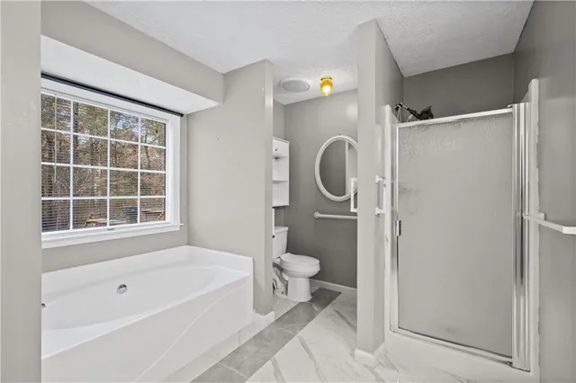 a bathroom with a bathtub toilet and a window