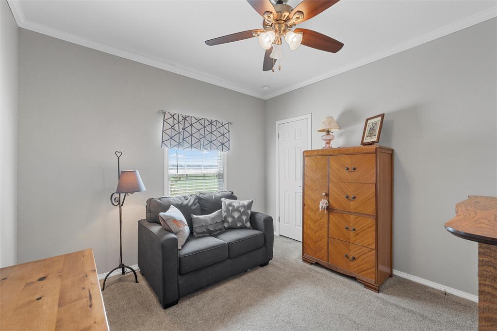 3449 Bluhm Road West, TX 76691 - Photo 24 of 40 Sitting room with ornamental molding, carpet floors, and ceiling fan