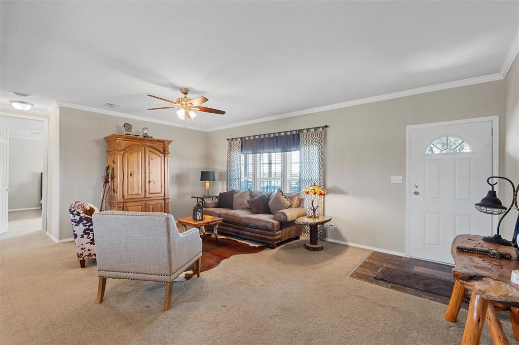 3449 Bluhm Road West, TX 76691 - Photo 7 of 40 Carpeted living area with crown molding and a ceiling fan