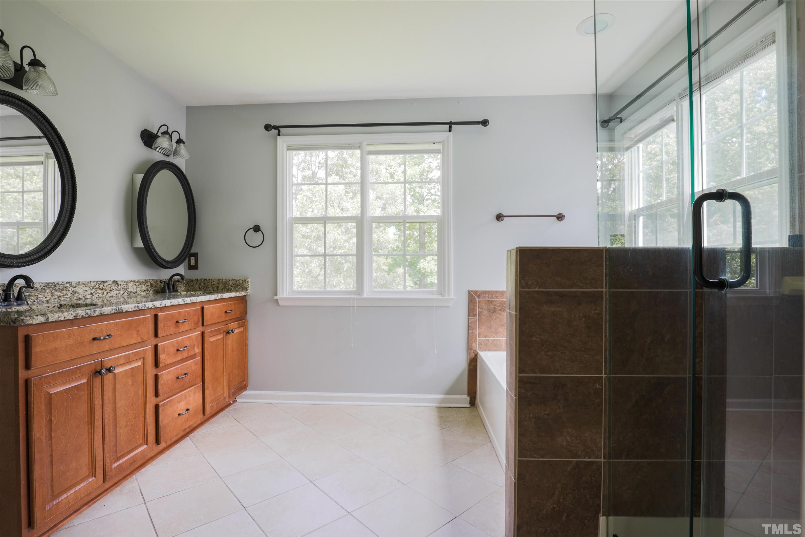 4709 Treadstone Court Raleigh, NC 27616 - Photo 15 of 22 a bathroom with a granite countertop sink a mirror and a shower