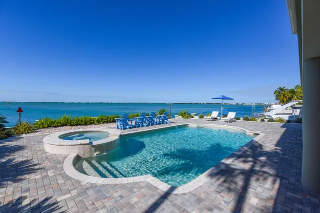 a swimming pool with an outdoor seating