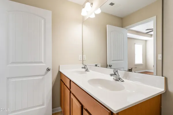 a bathroom with a sink vanity and a mirror