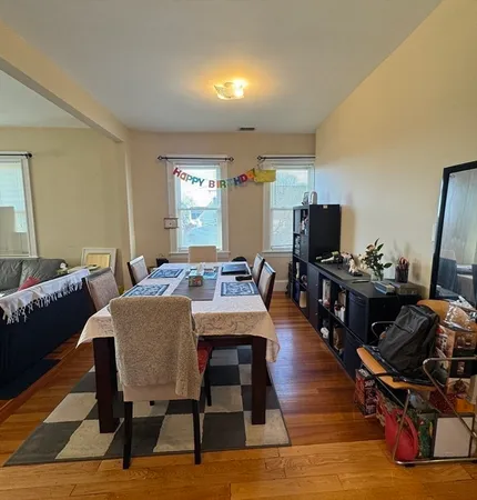 a view of a dining room with furniture