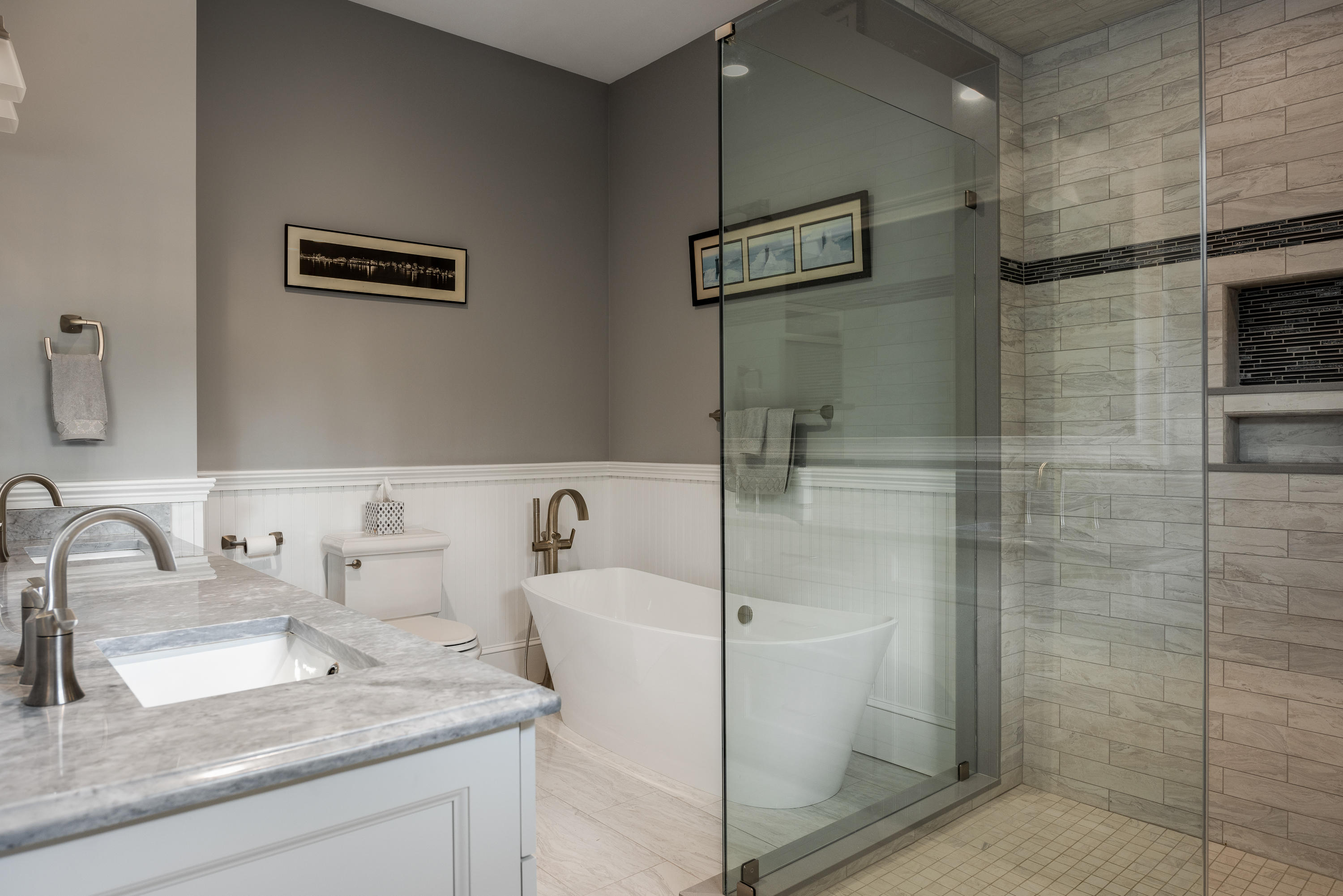 94 Starboard Lane Osterville, MA 02655 - Photo 22 of 47 a bathroom with a granite countertop sink a mirror and shower