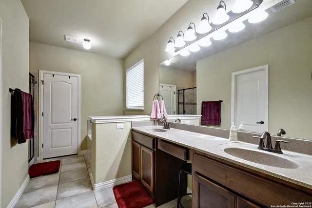 a bathroom with a sink a large mirror and a shower