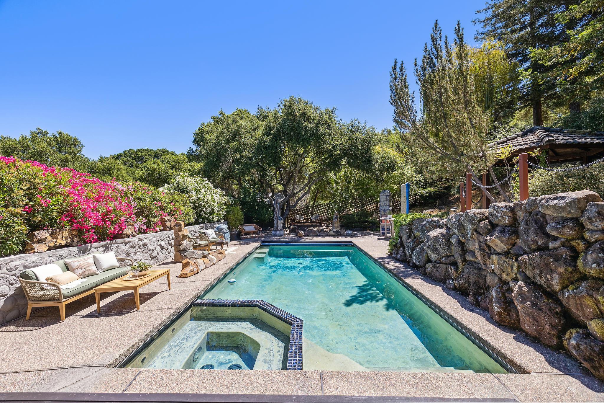 271 Monte Vista Ridge Road Orinda, CA 94563 - Photo 40 of 59 Integrated pool / hot tub featuring a patio area, outdoor seating, and view of scattered trees