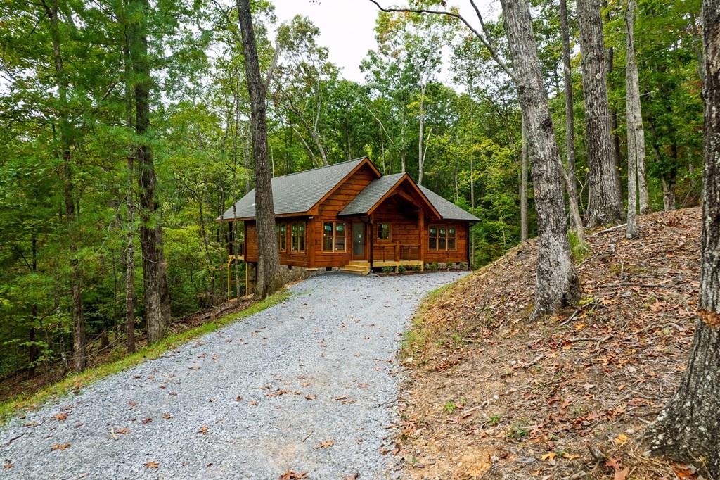 a front view of a house with a yard and large trees