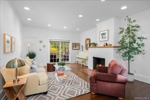 a living room with furniture fireplace and potted plant