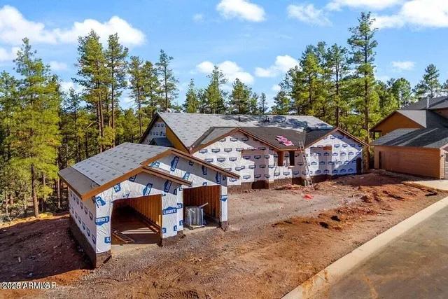 a view of a house with a snow in the background