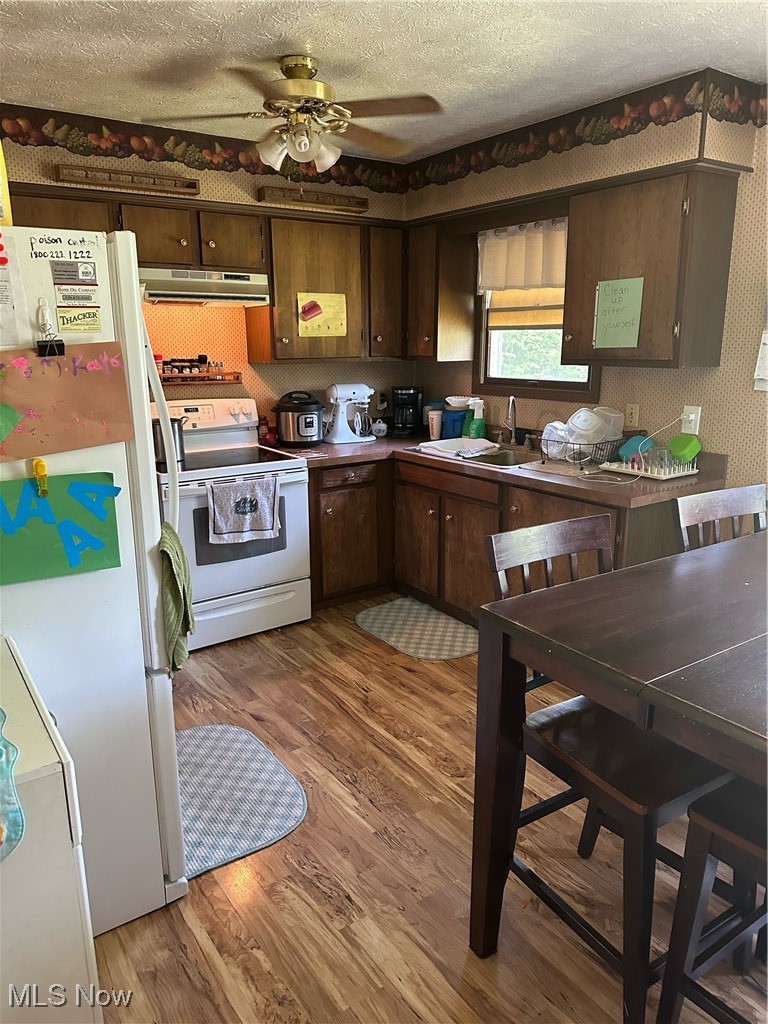 Kitchen with range, hardwood / wood-style floors, fridge, dark brown cabinetry, and range hood