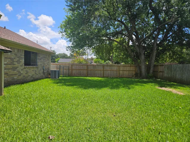 a view of a backyard with a large tree