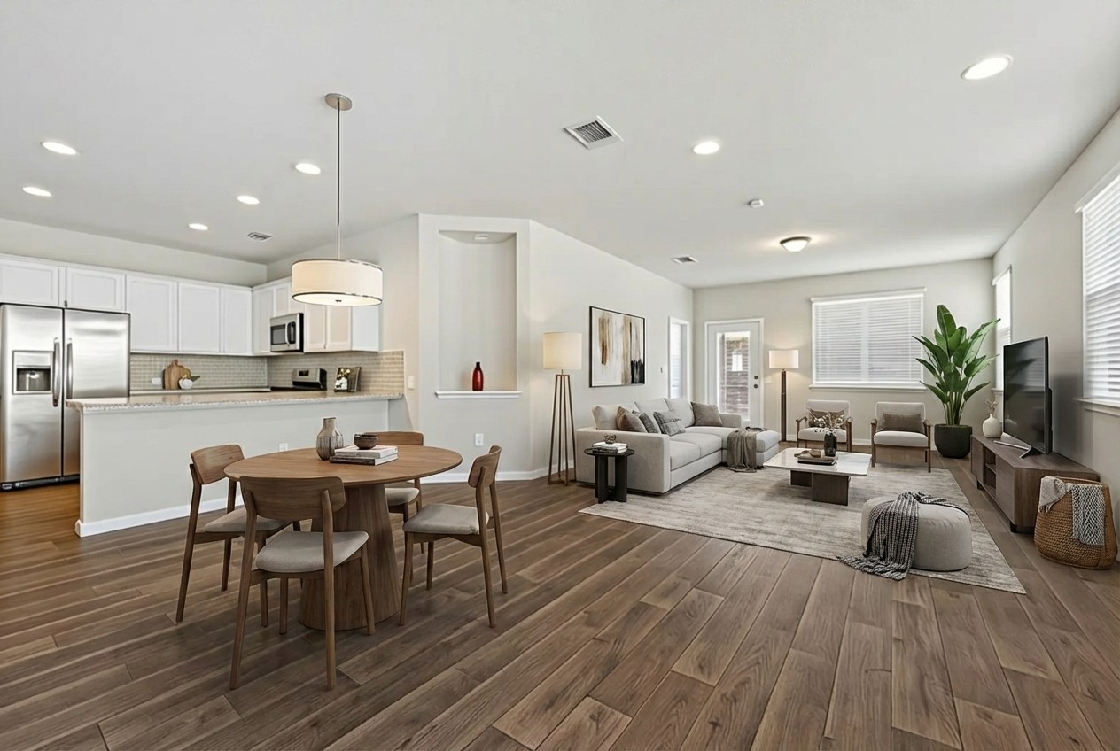 14409 Frankel Loop, Unit 33A Pflugerville, TX 78660 - Photo 6 of 29 Virtual staged
Dining space featuring dark wood finished floors and recessed lighting