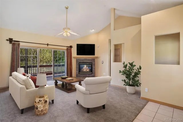 a living room with furniture potted plant and a fireplace