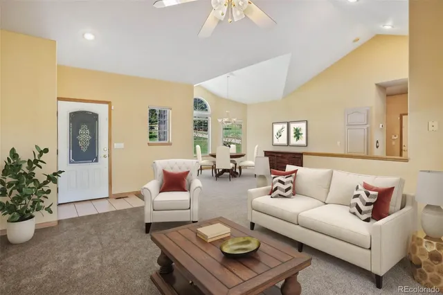 a living room with furniture potted plant and a window