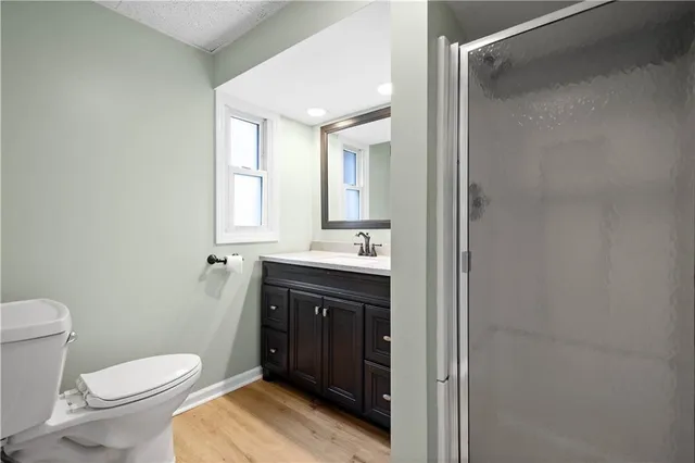 a bathroom with a sink toilet vanity and shower