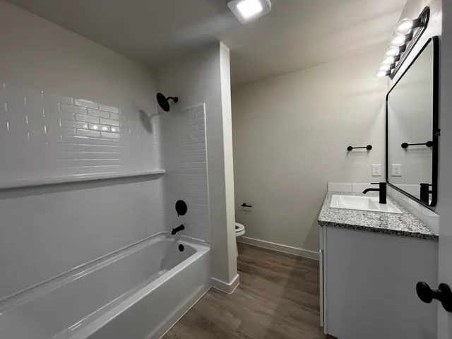 a bathroom with a granite countertop tub sink and mirror