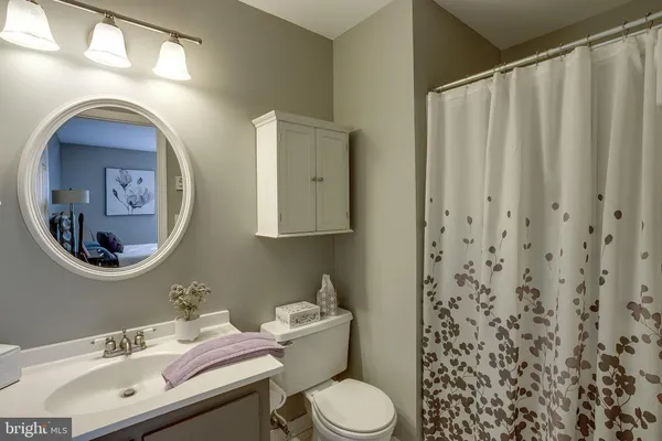a bathroom with a toilet sink vanity and mirror