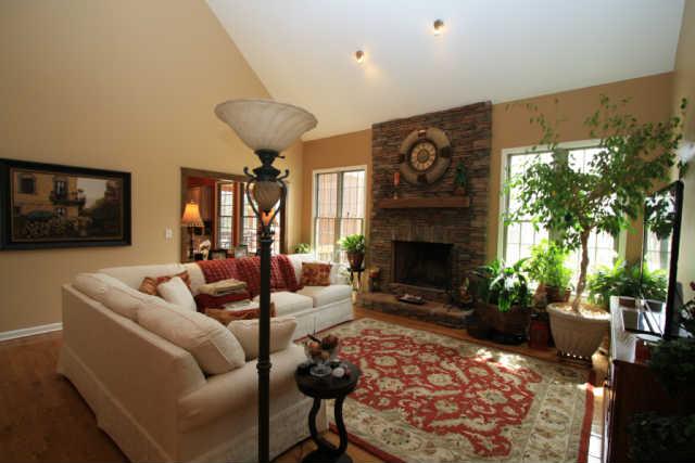 Beautiful living room with stone fireplace 