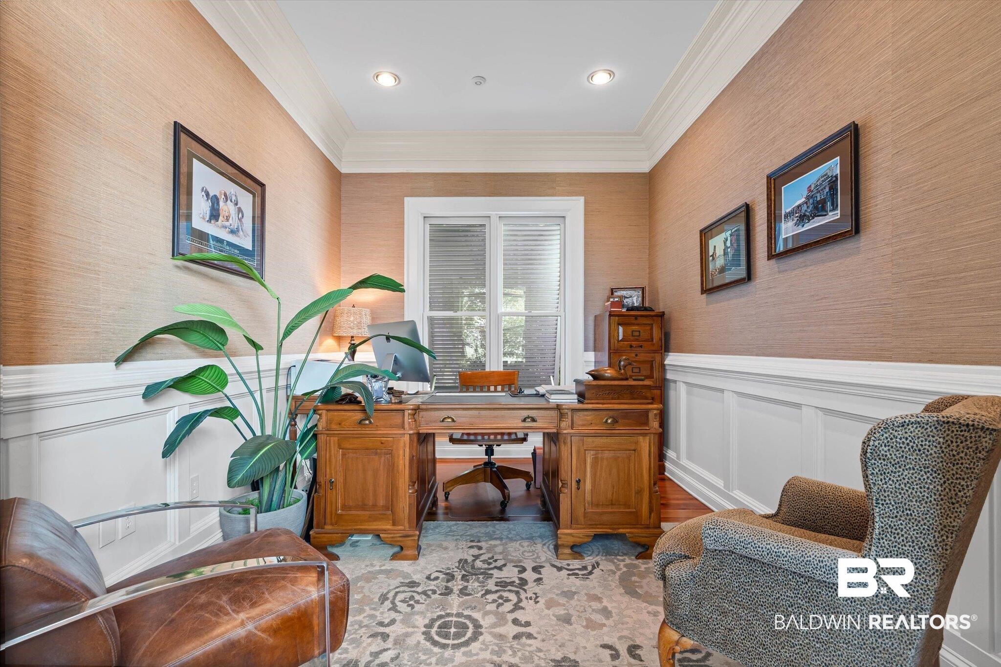 7015 Bay Road Mobile, AL 36605 - Photo 24 of 53 Office space with a decorative wall, a wainscoted wall, crown molding, light wood-style flooring, and recessed lighting