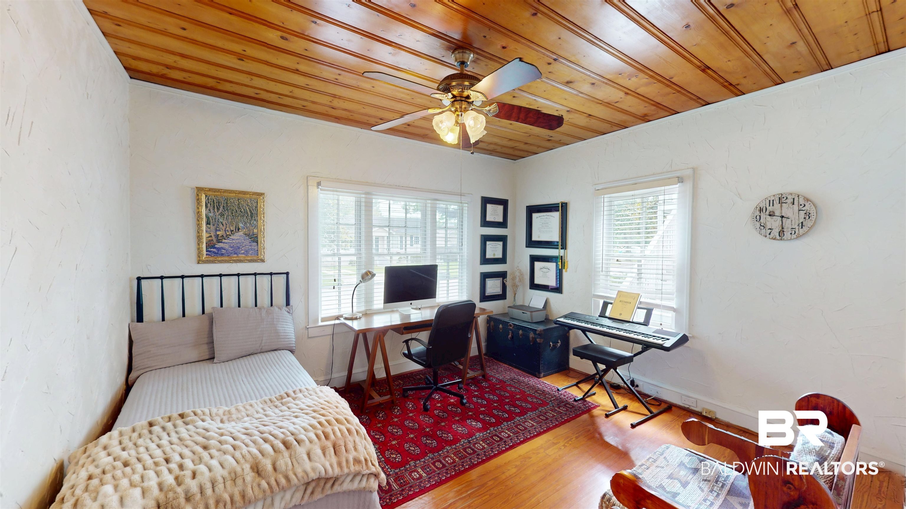266 Westwood Street Mobile, AL 36606 - Photo 25 of 34 Bedroom featuring wood ceiling, wood finished floors, an office area, and a ceiling fan