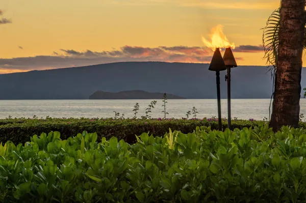 a view of a big yard with an ocean view