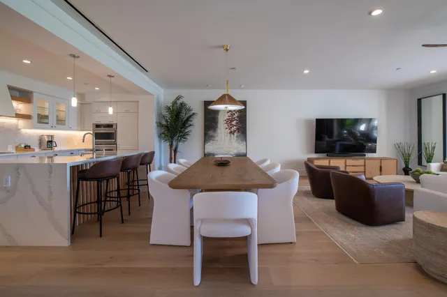 a view of a dining room with furniture