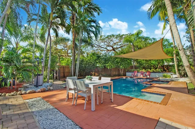 a view of a backyard with sitting area