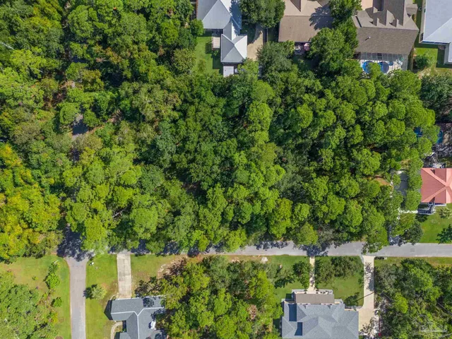 an aerial view of residential house with outdoor space and trees all around
