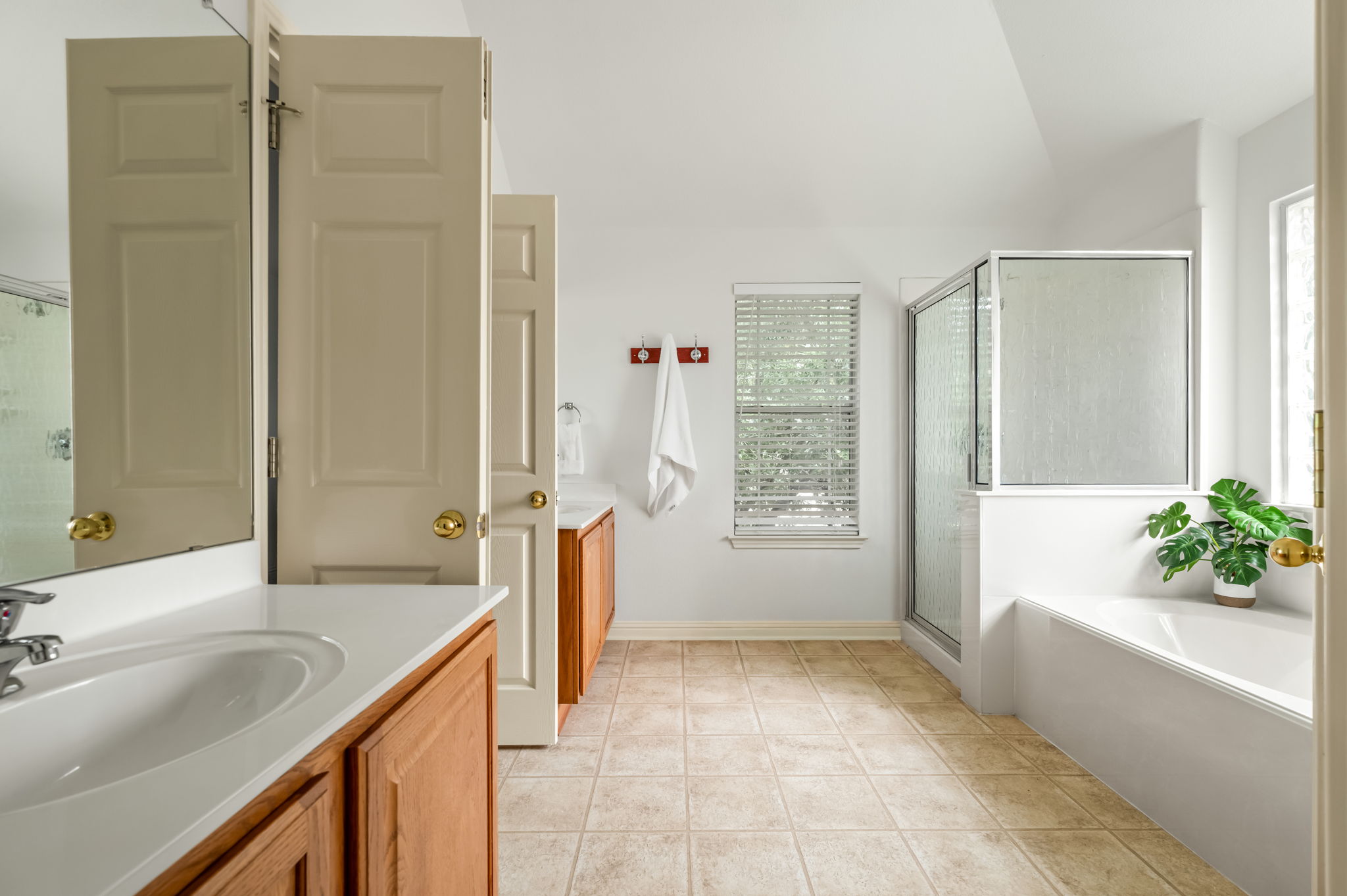 10004 Isle Royale Way Austin, TX 78747 - Photo 24 of 31 A well-lit primary bathroom featuring a spacious shower and a deep soaking tub, perfect for unwinding.