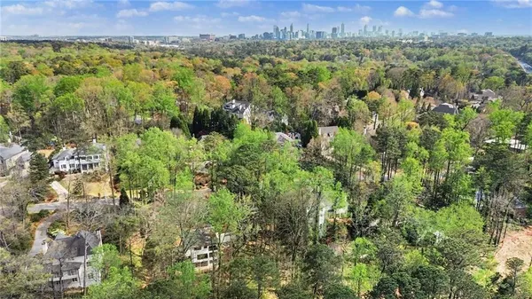 a view of a city with lush green forest