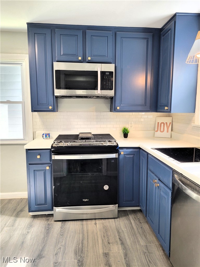 1685 Oakmount Road Cleveland, OH 44121 - Photo 10 of 23 Kitchen with hardwood / wood-style flooring, blue cabinetry, and stainless steel appliances