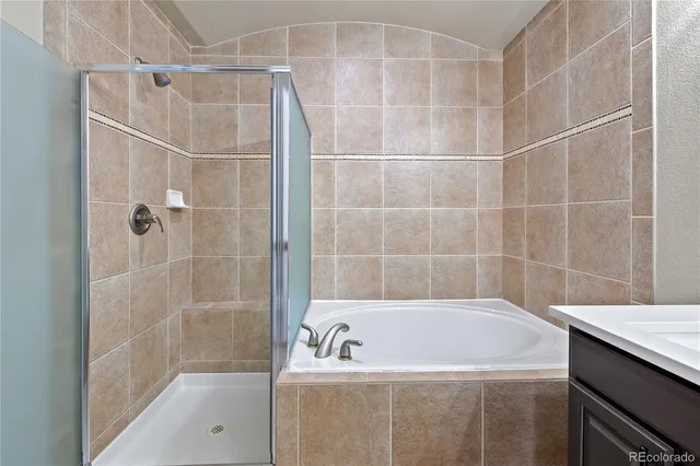 a bathroom with a sink a large mirror and a shower