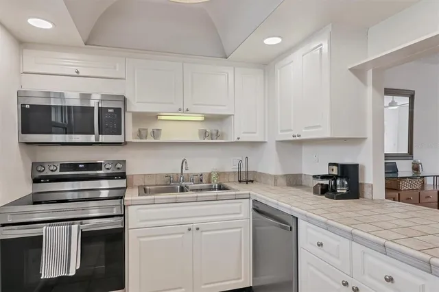 a view of a dining room with furniture