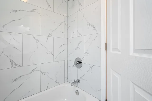 a bathroom with a bathtub and a shower