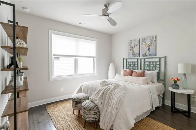 a bedroom with a bed and closet