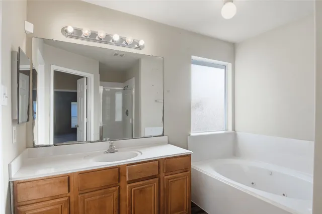 a bathroom with a tub a sink and mirror