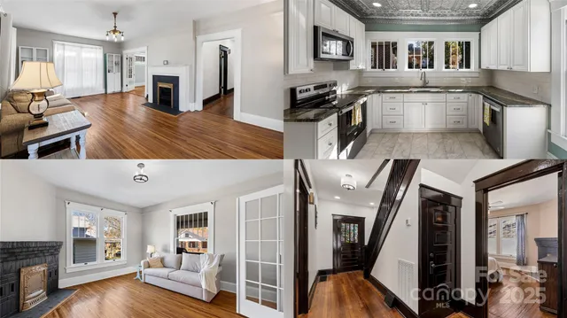 a living room with stainless steel appliances furniture a flat screen tv and a refrigerator