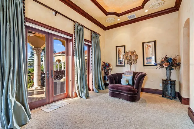 a view of a hallway with wooden door