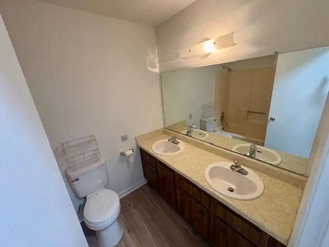 a bathroom with a sink toilet and mirror