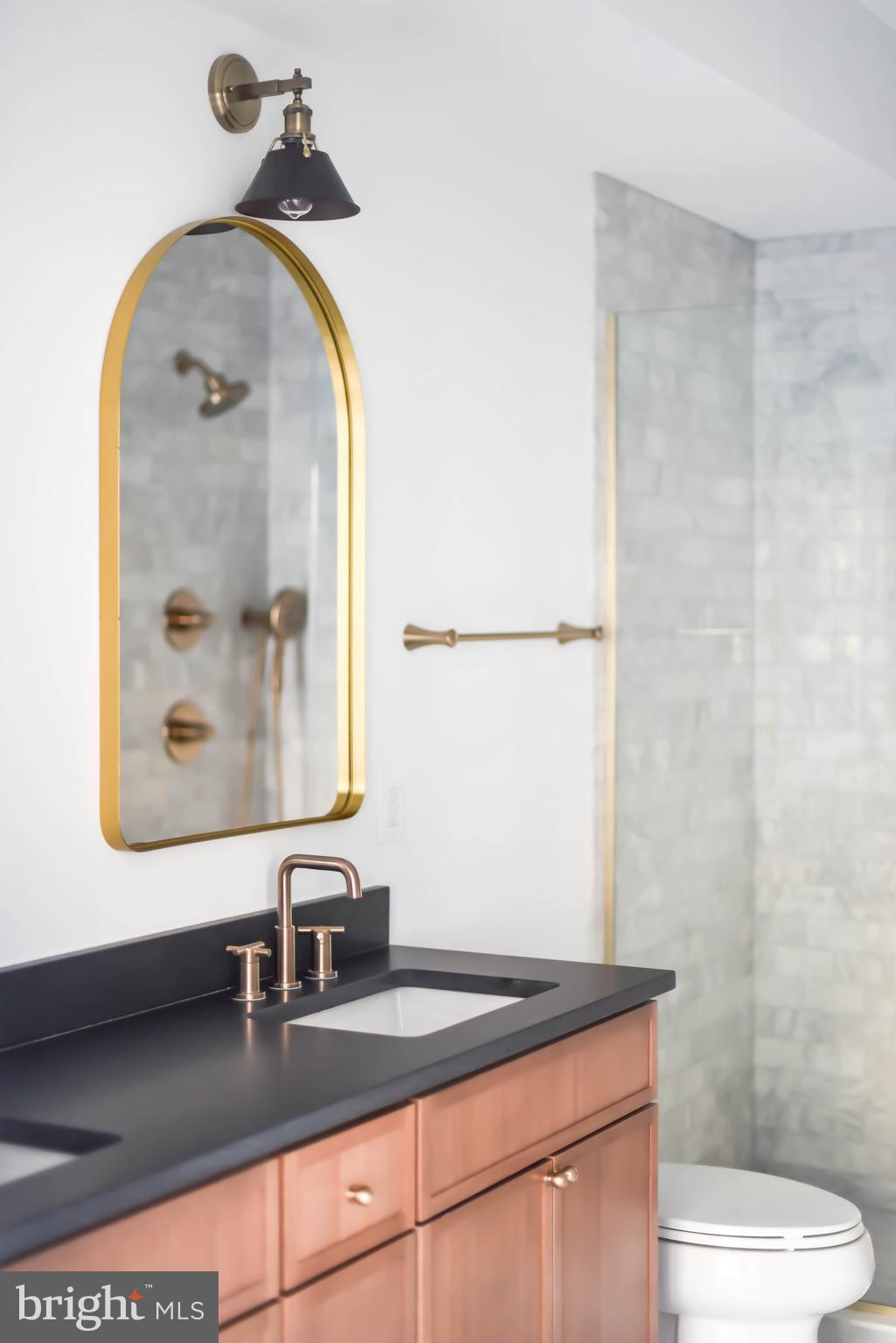 2910 18th Street Northwest Washington, DC 20009 - Photo 27 of 54 a bathroom with a granite countertop sink a toilet and a mirror