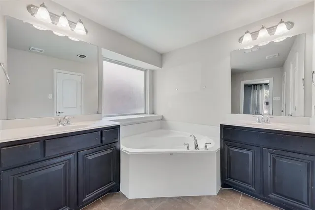 a bathroom with a tub a double vanity sink and a mirror