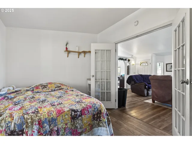 a garage with a bike and car