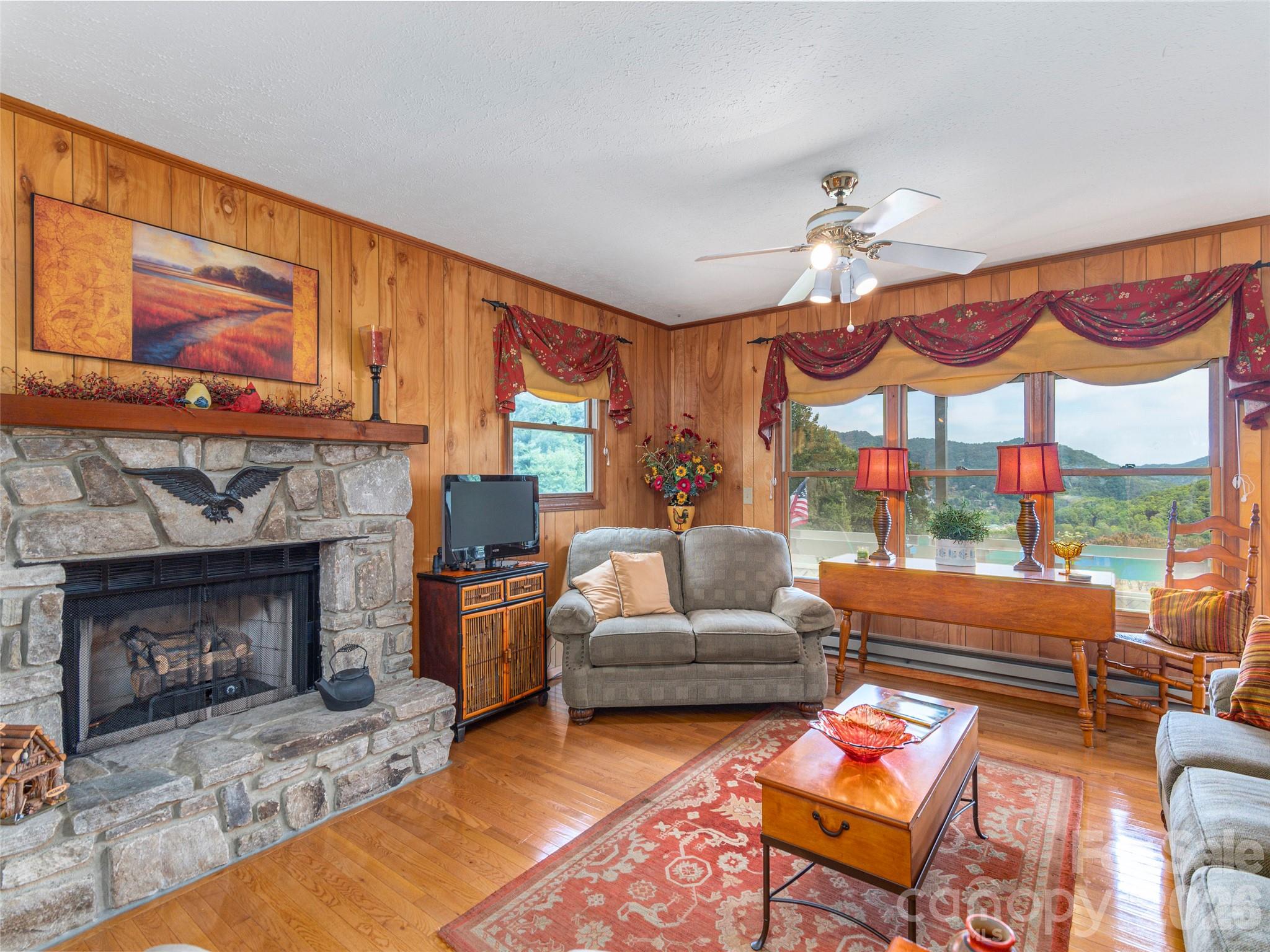 21 Flint Lane Maggie Valley, NC 28751 - Photo 6 of 30 a living room with furniture a fireplace and a flat screen tv